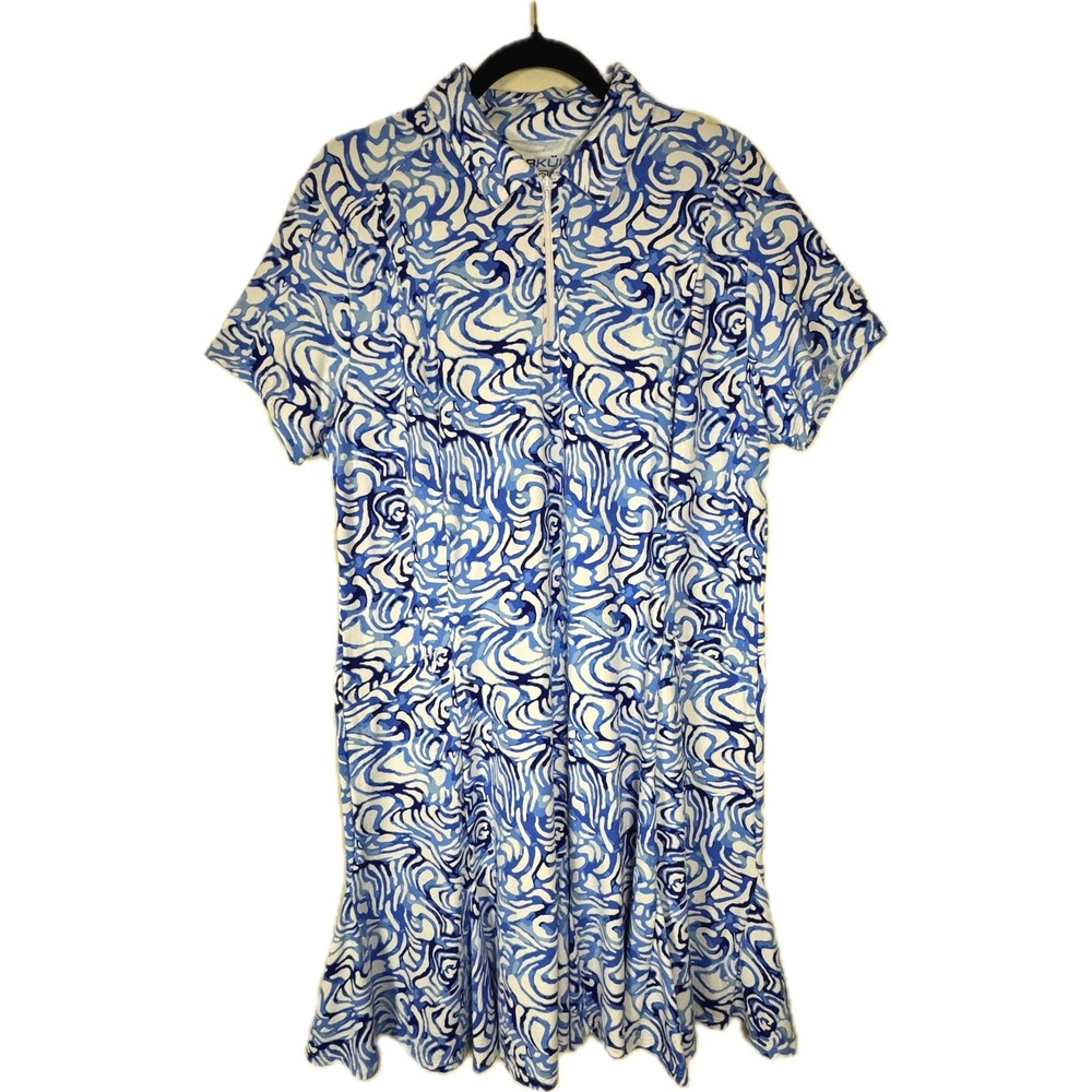 IBKUL Golf Dress Women XL Blue Swirl UPF 50+ Short Sleeve Quarter Zip